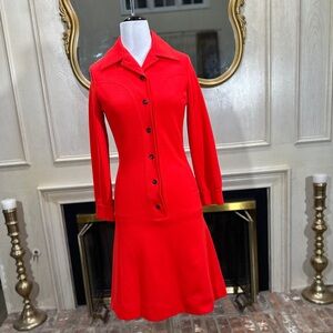 Vintage‎ David Crystal Red Button-Front Dress Heavy Knit Collared (fits small)
